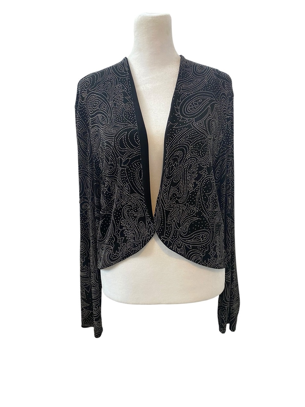 Chico's Travelers Women's size 2 (USA 12) Black Paisley Dot Open-Front Cardigan